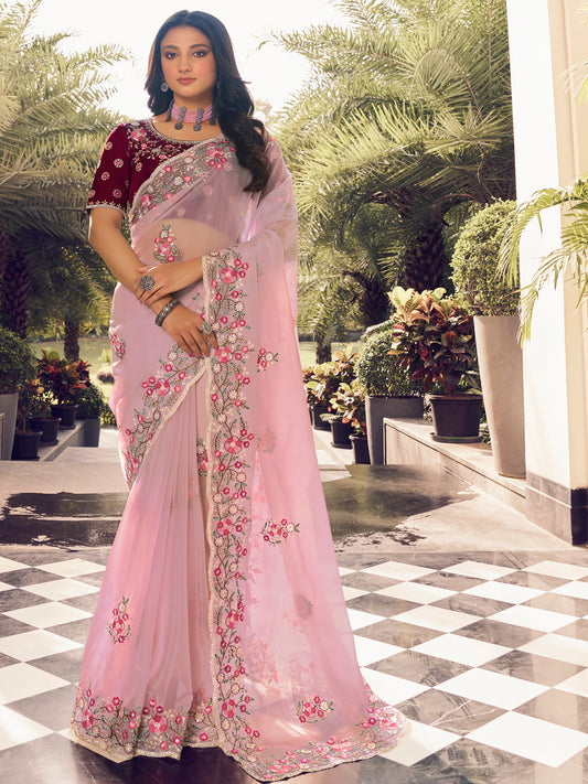 Embroidered Georgette Bridal Traditional Saree In Pink Color-81713