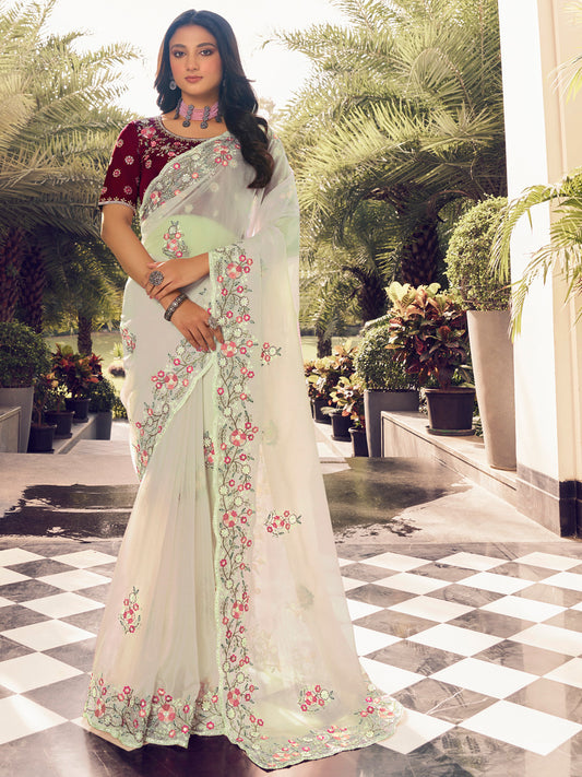 Embroidered Georgette Bridal Traditional Saree In Light green Color-81714