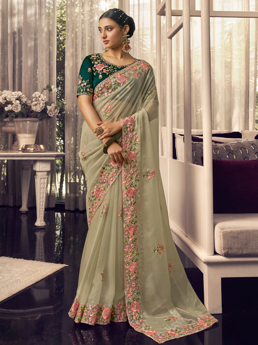 Embroidered Georgette Bridal Traditional Saree In Light green Color-81715