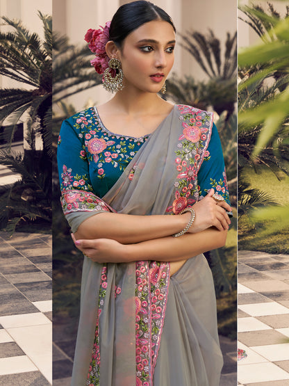 Embroidered Georgette Bridal Traditional Saree In Grey Color-81716