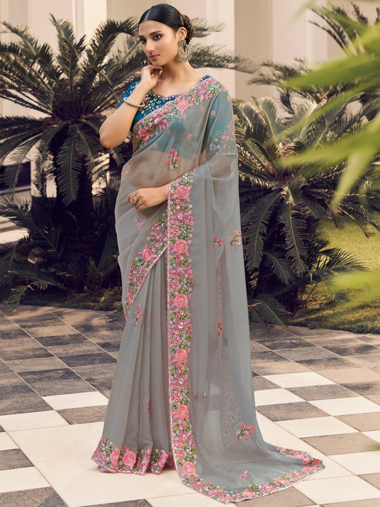 Embroidered Georgette Bridal Traditional Saree In Grey Color-81716