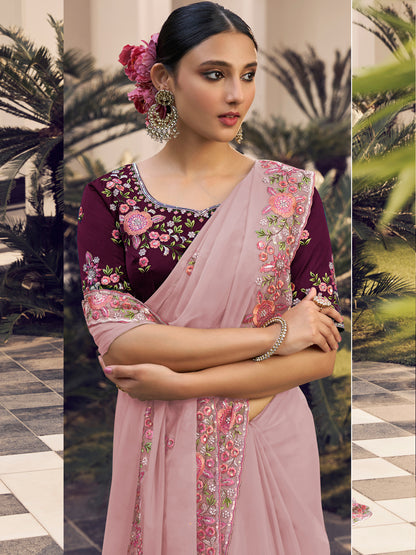 Embroidered Georgette Bridal Traditional Saree In Pink Color-81718