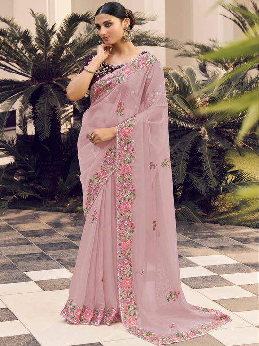 Embroidered Georgette Bridal Traditional Saree In Pink Color-81718