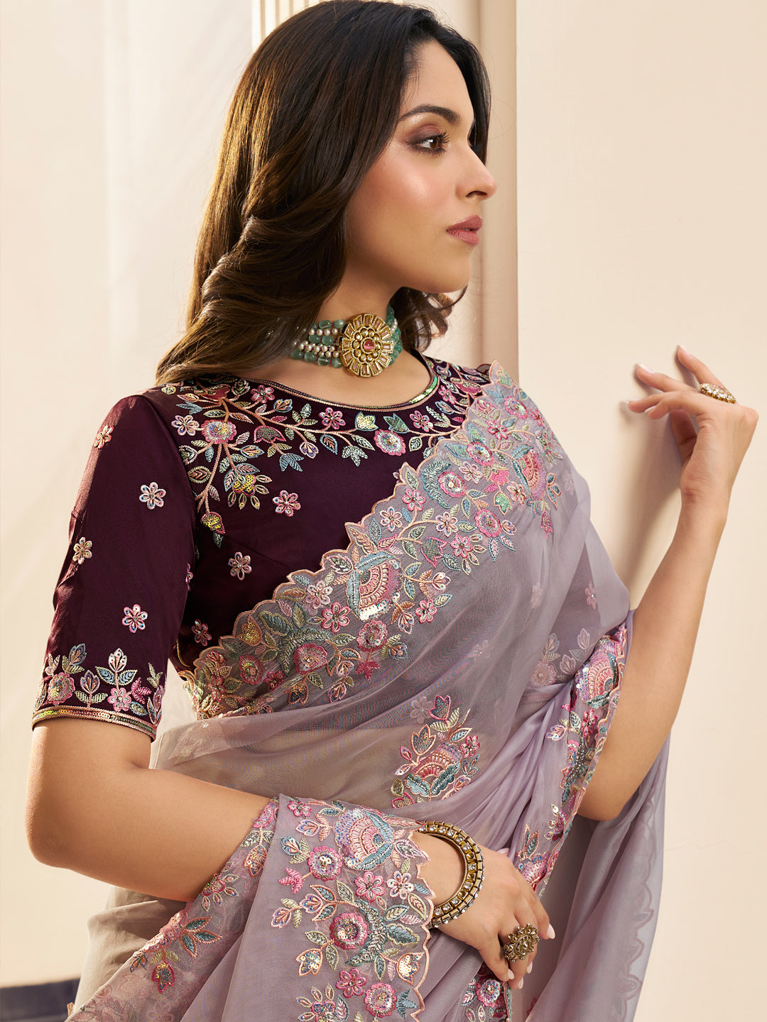 Embroidered Itailan Silk Bridal Traditional Saree In Purple Color-81719