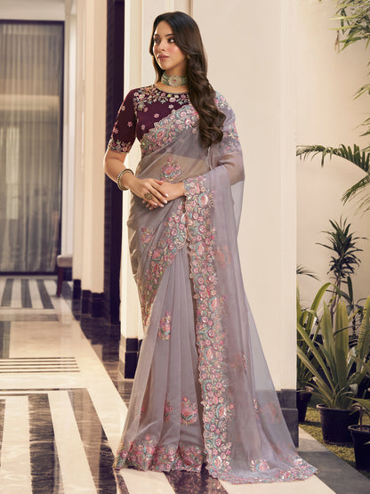 Embroidered Itailan Silk Bridal Traditional Saree In Purple Color-81719