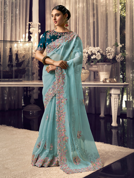 Embroidered Itailan Silk Bridal Traditional Saree In Blue Color-81720