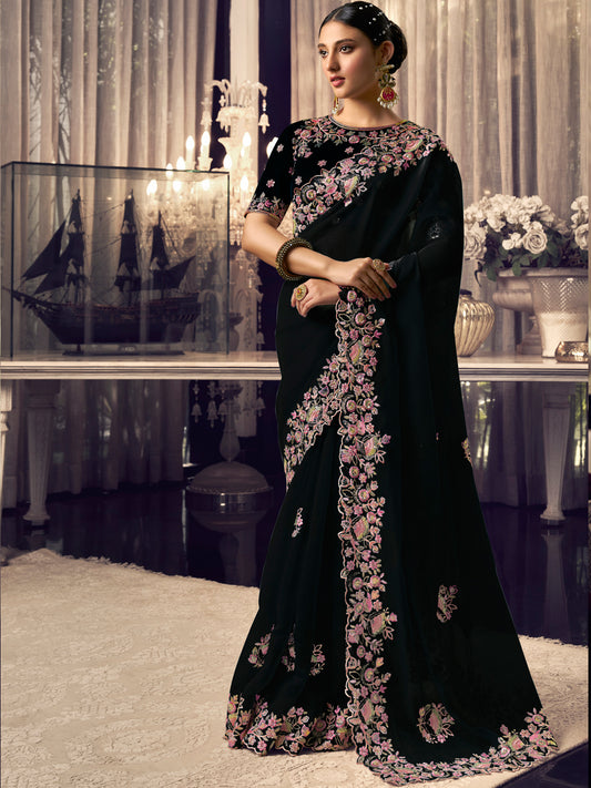 Embroidered Itailan Silk Bridal Traditional Saree In Black Color-81721