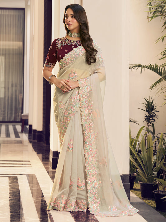 Embroidered Itailan Silk Bridal Traditional Saree In off white Color-81722