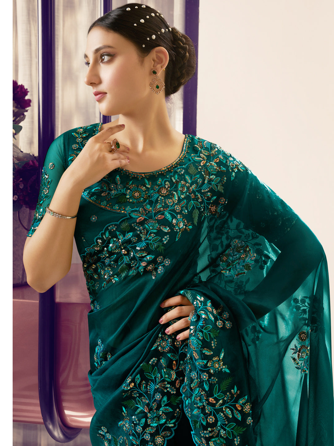 Embroidered Satin Bridal Traditional Saree In Green Color-81723