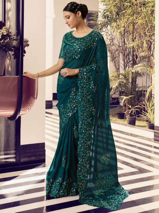 Embroidered Satin Bridal Traditional Saree In Green Color-81723