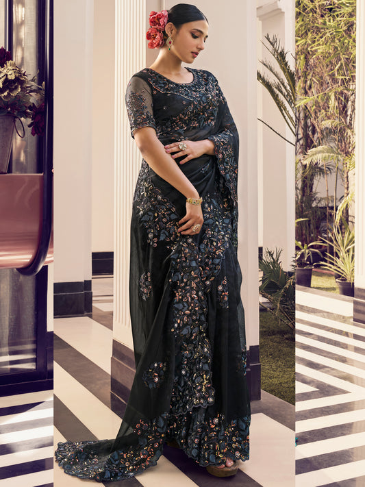 Embroidered Satin Bridal Traditional Saree In Black Color-81724