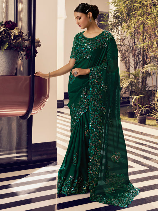 Embroidered Satin Bridal Traditional Saree In Green Color-81725
