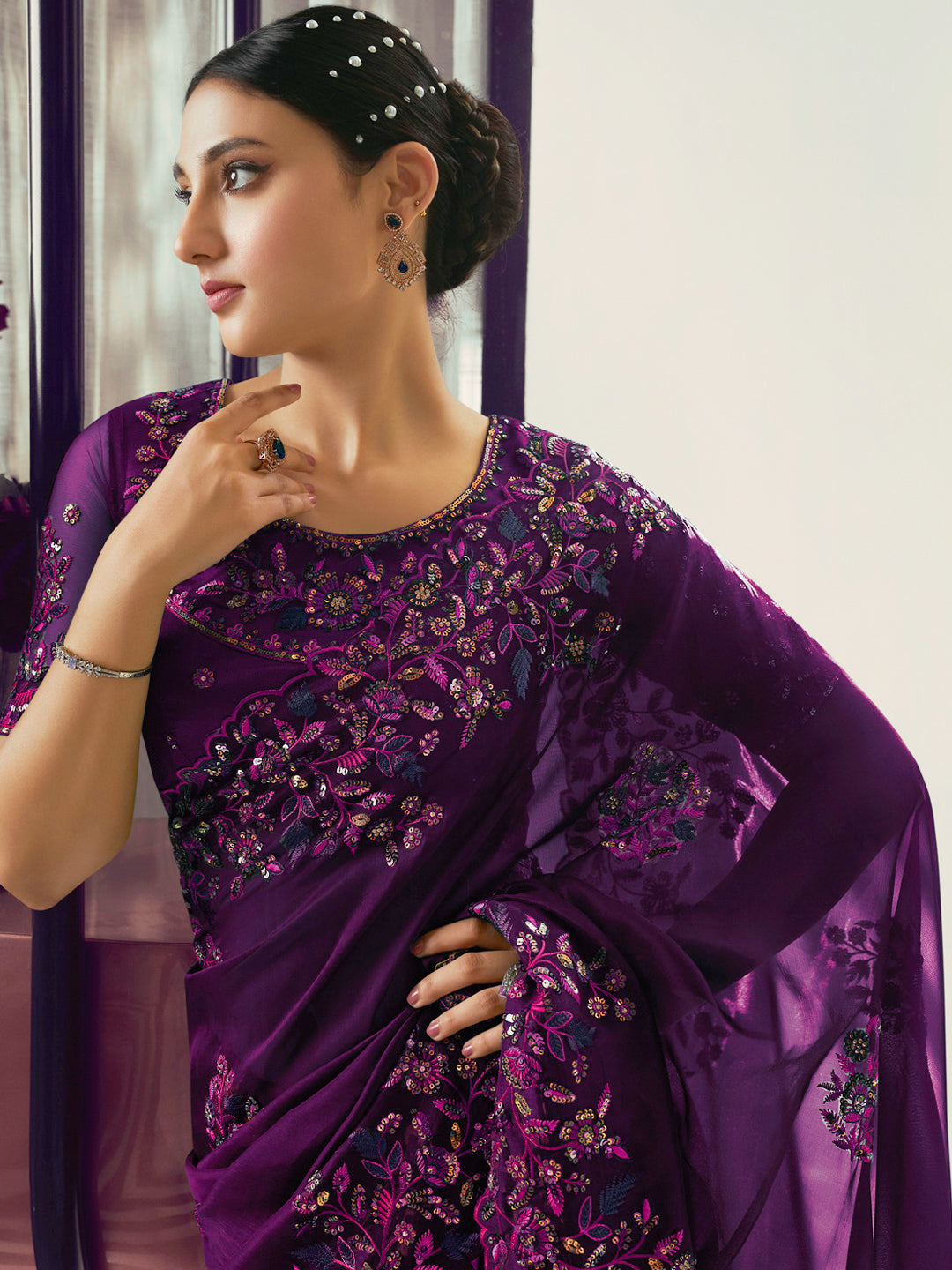 Embroidered Satin Bridal Traditional Saree In Purple Color-81726