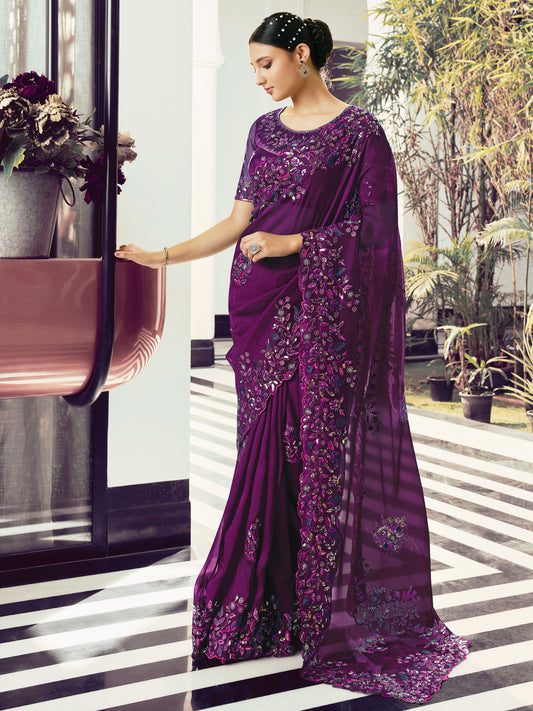 Embroidered Satin Bridal Traditional Saree In Purple Color-81726