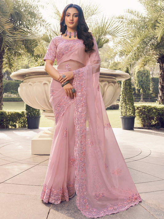 Embroidered Georgette Bridal Traditional Saree In Pink Color-81727
