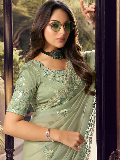 Embroidered Georgette Bridal Traditional Saree In Green Color-81728