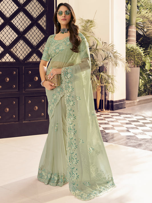 Embroidered Georgette Bridal Traditional Saree In Green Color-81728