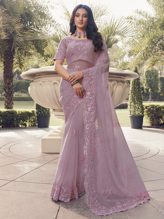Embroidered Georgette Bridal Traditional Saree In Purple Color-81729