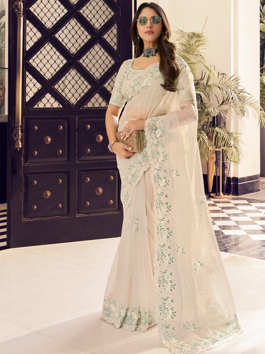 Embroidered Georgette Bridal Traditional Saree In off white Color-81730