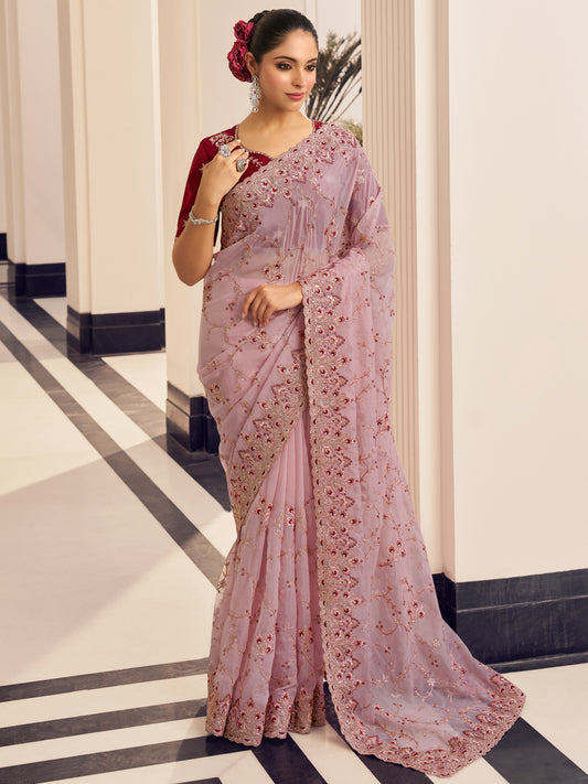 Embroidered Georgette Bridal Traditional Saree In Violet Color-81731