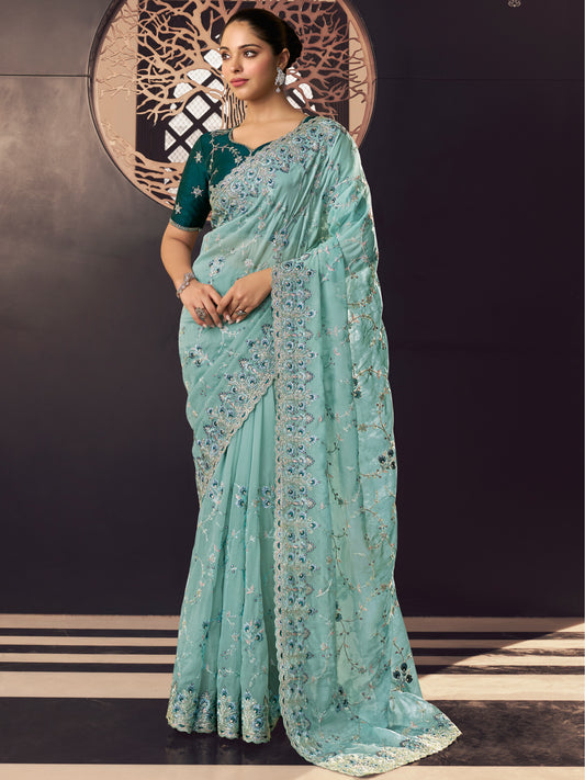 Embroidered Georgette Bridal Traditional Saree In Blue Color-81732