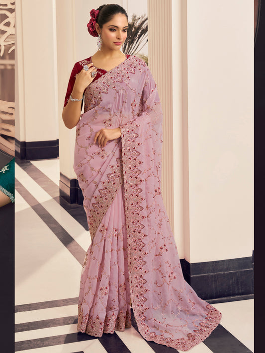 Embroidered Georgette Bridal Traditional Saree In Purple Color-81733