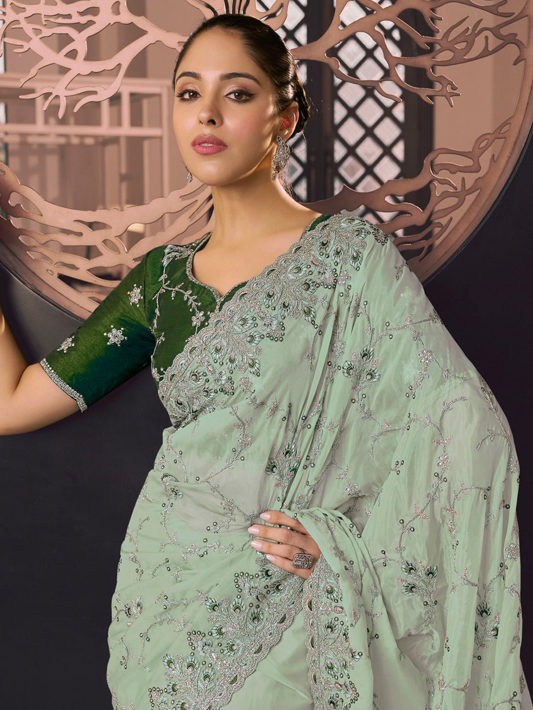 Embroidered Georgette Bridal Traditional Saree In Green Color-81734