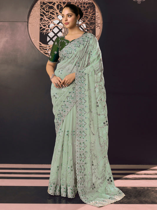 Embroidered Georgette Bridal Traditional Saree In Green Color-81734