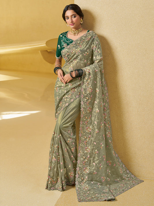 Embroidered Georgette Bridal Traditional Saree In Green Color-81735