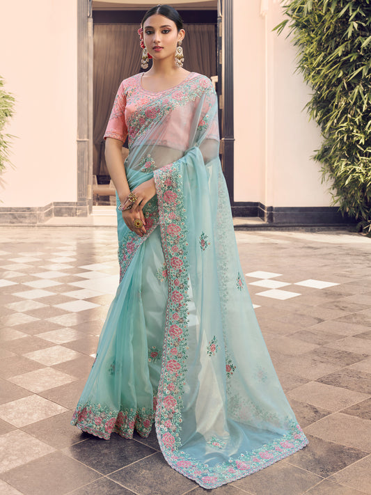 Embroidered Satin Bridal Traditional Saree In Blue Color-81736