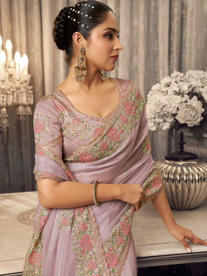 Embroidered Satin Bridal Traditional Saree In Violet Color-81737