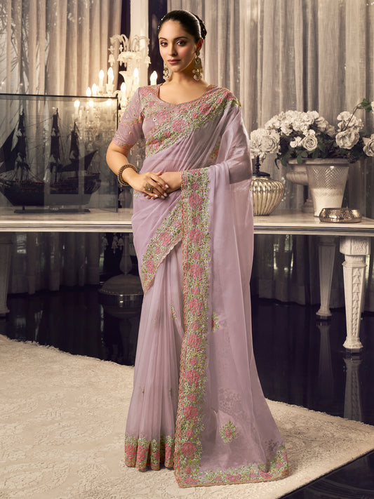Embroidered Satin Bridal Traditional Saree In Violet Color-81737