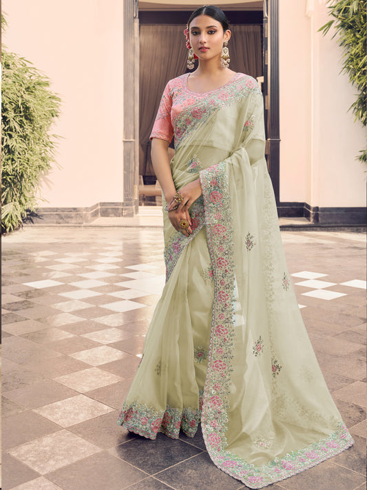 Embroidered Satin Bridal Traditional Saree In Green Color-81738