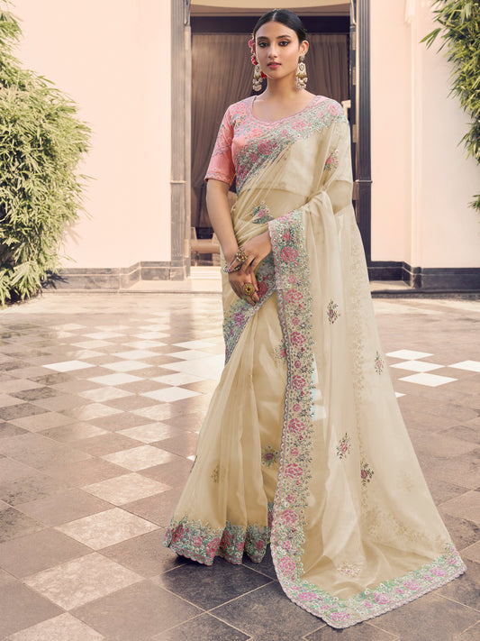 Embroidered Satin Bridal Traditional Saree In off white Color-81739