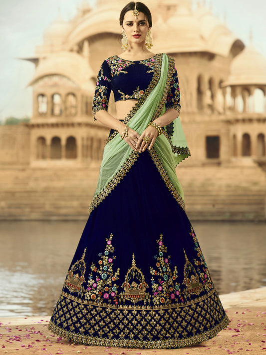 Embroidered Velvet Sangeet, festive Lehenga in Blue color-82094