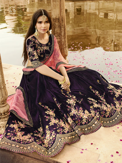 Embroidered Velvet Sangeet, festive Lehenga in Wine color-82095