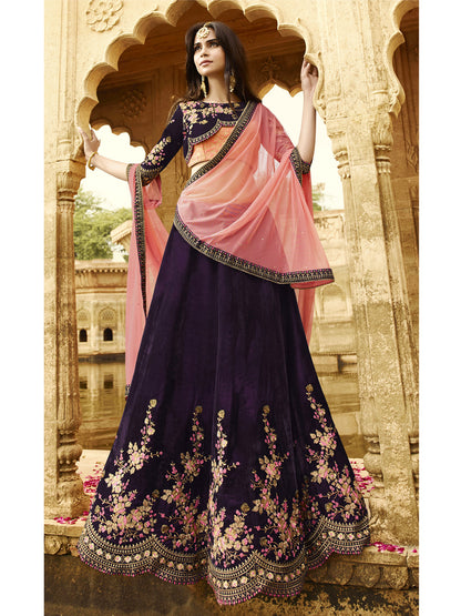 Embroidered Velvet Sangeet, festive Lehenga in Wine color-82095