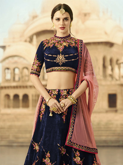 Embroidered Velvet Sangeet, festive Lehenga in Blue color-82096