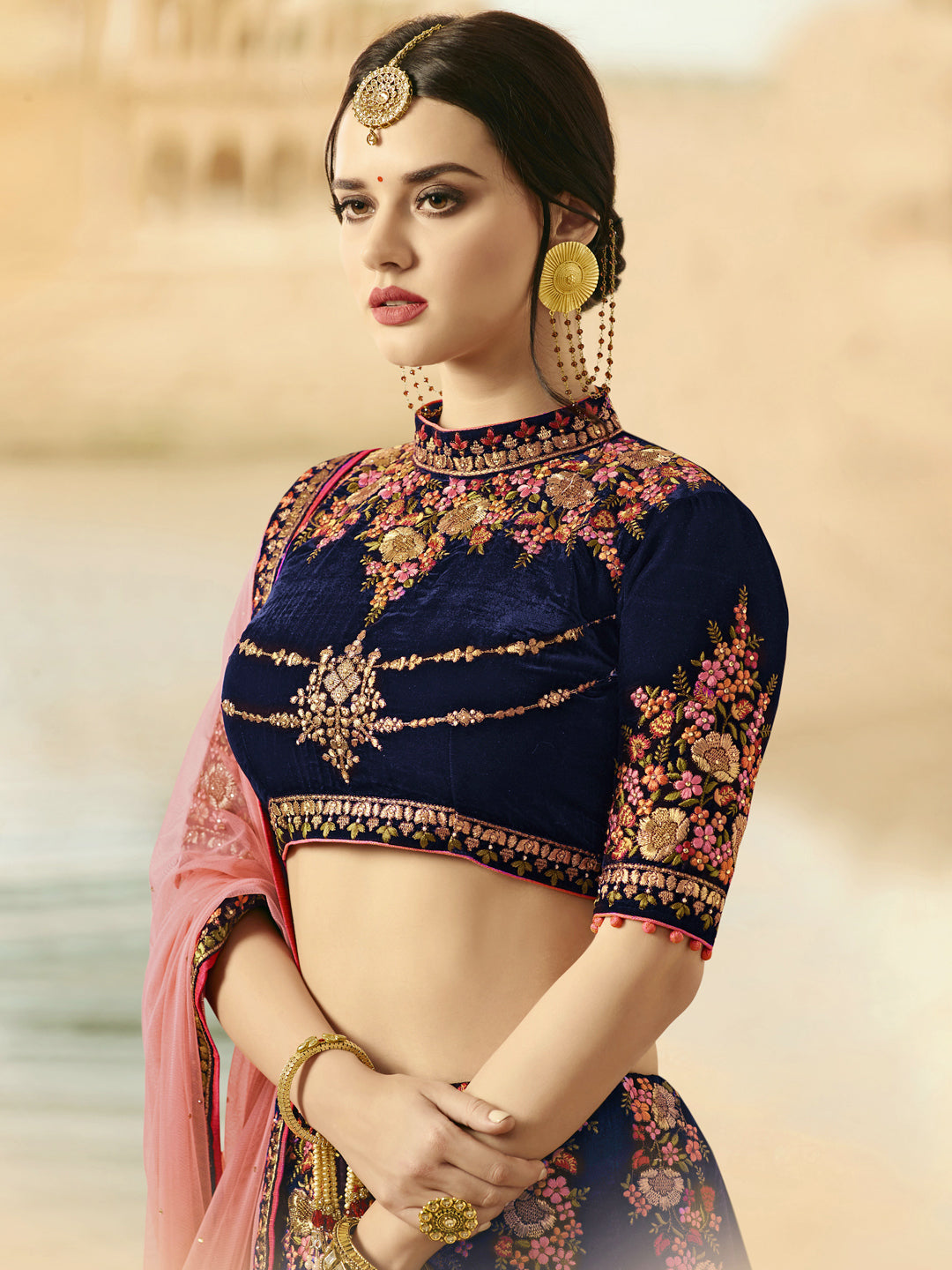 Embroidered Velvet Sangeet, festive Lehenga in Blue color-82096