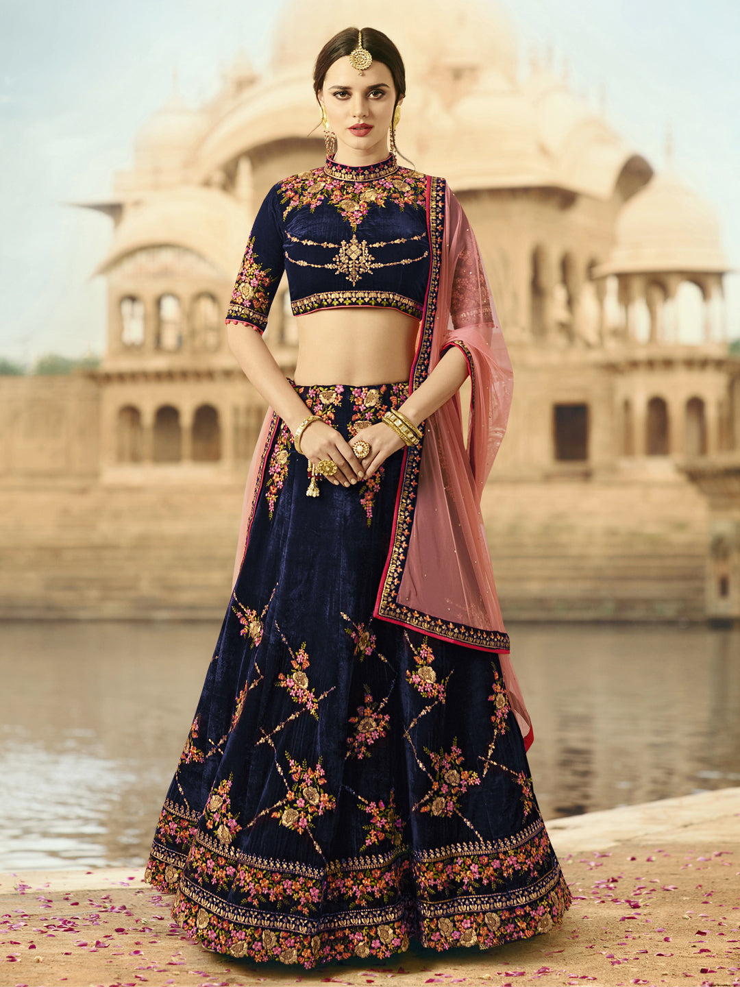 Embroidered Velvet Sangeet, festive Lehenga in Blue color-82096