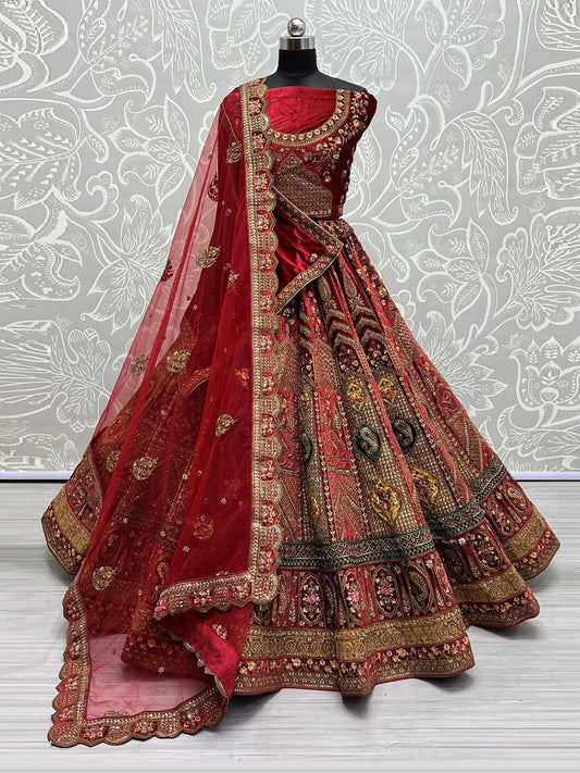 Velvet Bridal Lehenga Choli with Double Dupatta With Embroidered work in Red color-91040