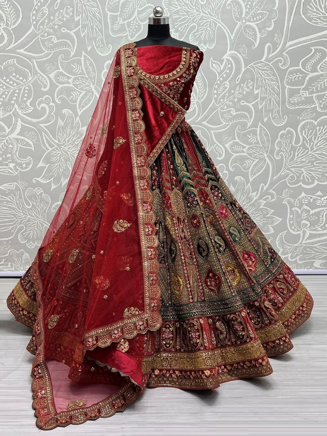 Velvet Bridal Lehenga Choli with Double Dupatta With Embroidered work in Red color-91041