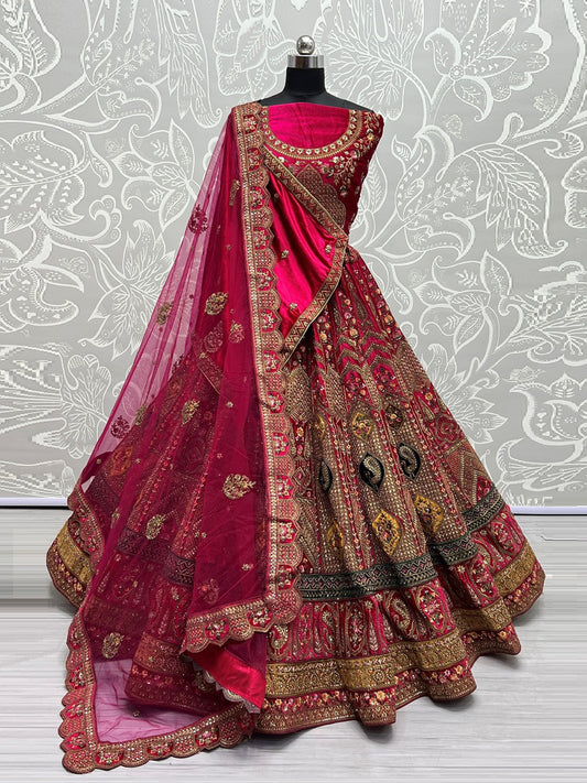 Velvet Bridal Lehenga Choli with Double Dupatta With Embroidered work in Pink color-91042