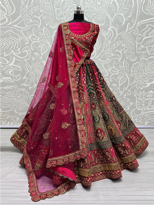 Velvet Bridal Lehenga Choli with Double Dupatta With Embroidered work in Pink color-91043