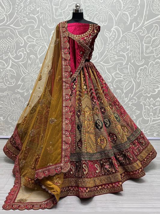 Velvet Bridal Lehenga Choli with Double Dupatta With Embroidered work in Pink color-91044