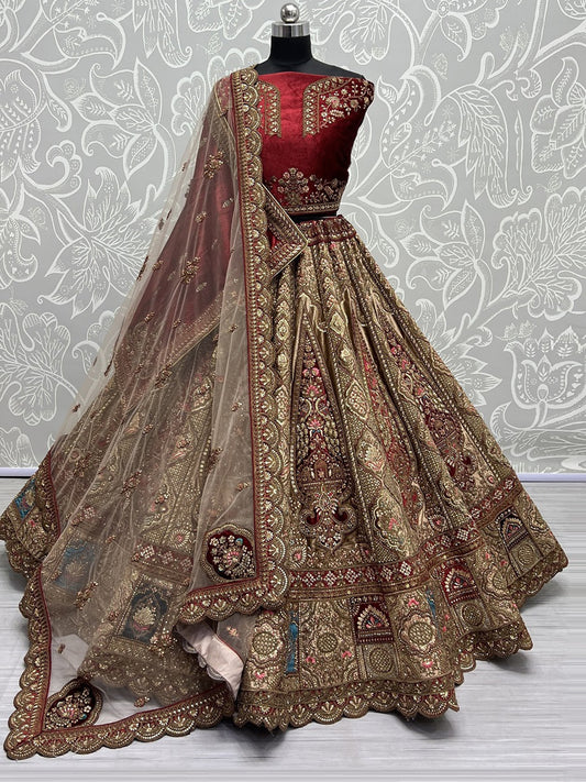 Velvet Bridal Lehenga Choli with Dupatta With Embroidered work in Red color-91047