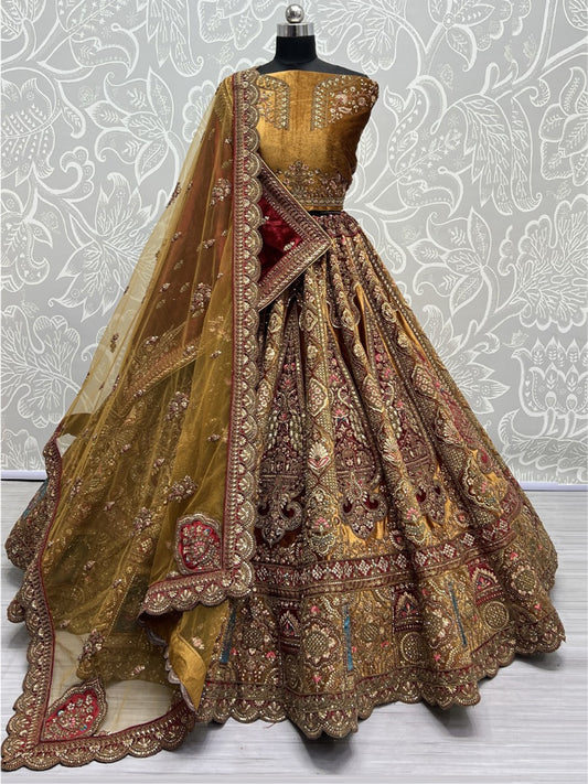 Velvet Bridal Lehenga Choli with Double Dupatta With Embroidered work in Red color-91048