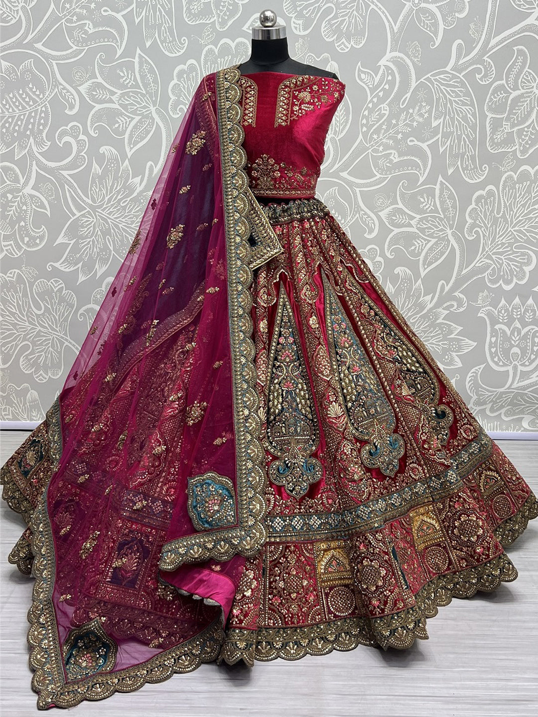 Velvet Bridal Lehenga Choli with Double Dupatta With Embroidered work in Pink color-91049