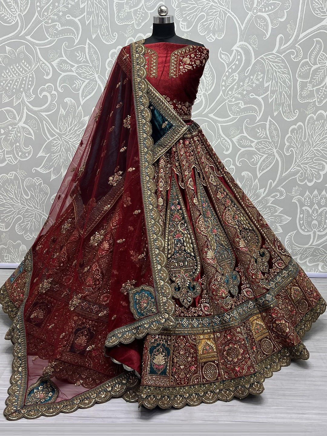 Velvet Bridal Lehenga Choli with Double Dupatta With Embroidered work in Red color-91050