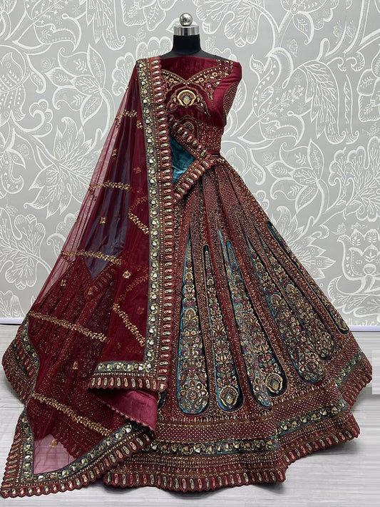 Velvet Bridal Lehenga Choli with Double Dupatta With Embroidered work in Red color-91051